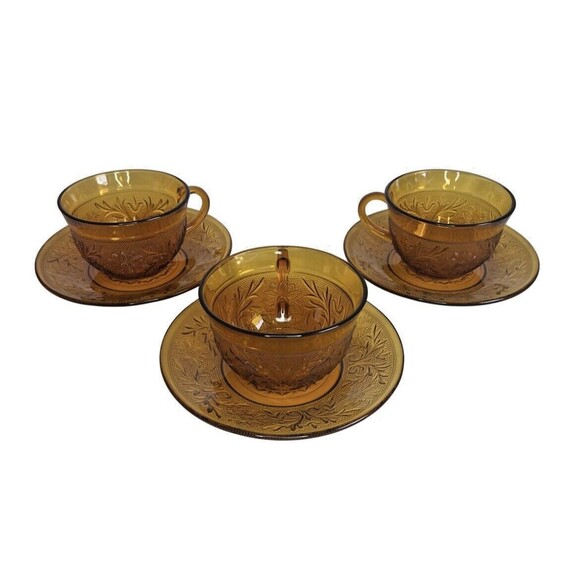 Indiana Glass Company Tiara Depression Glass Cup And Saucer Set Of 3 Amber